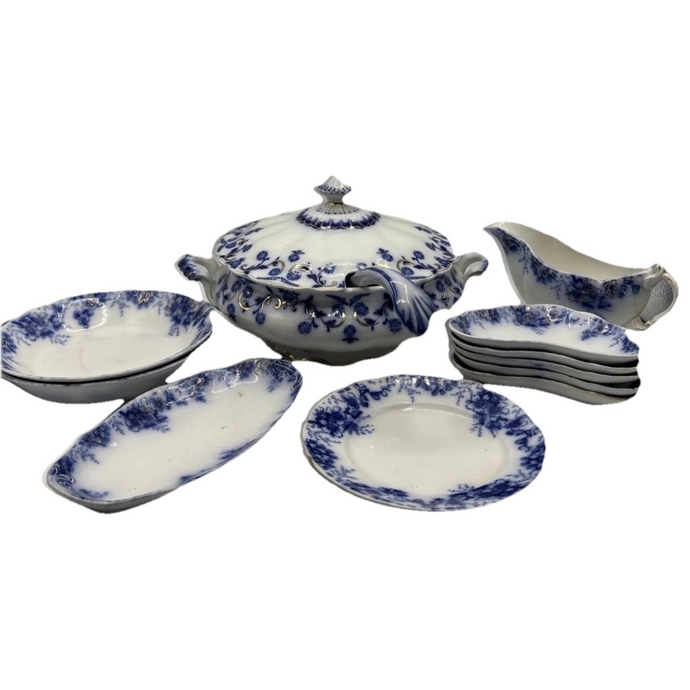 Antique Johnson Bros Flow Blue Peach Royal Semi Porcelain 10pc Set England